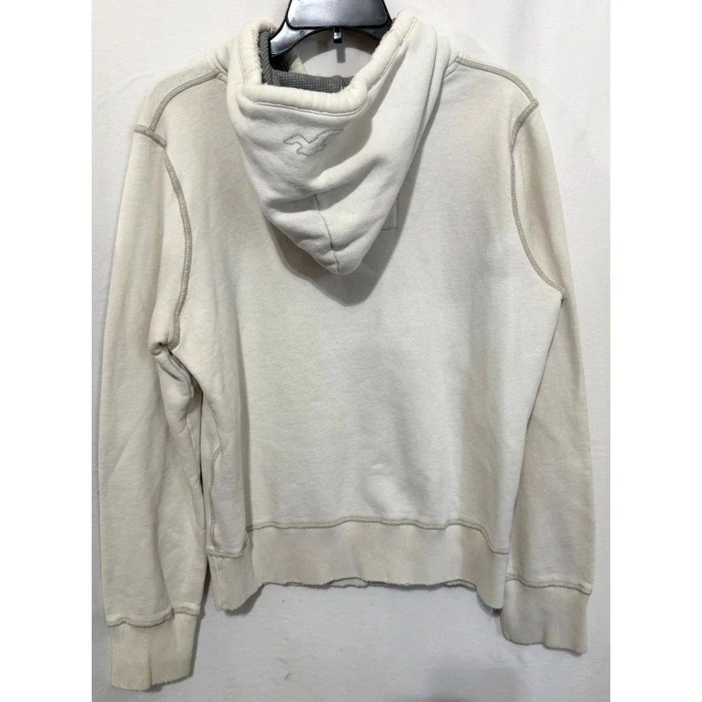 Y2K Hollister Men's Small Vintage Distressed Off White Heavy Weight Logo Hoodie